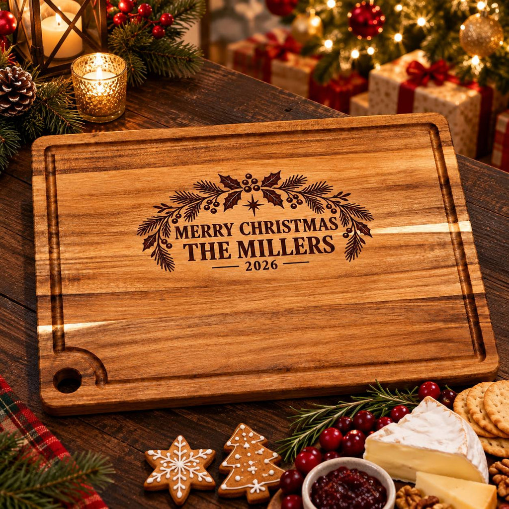 Personalized Christmas Acacia Cutting Board – Custom Family Name Gift