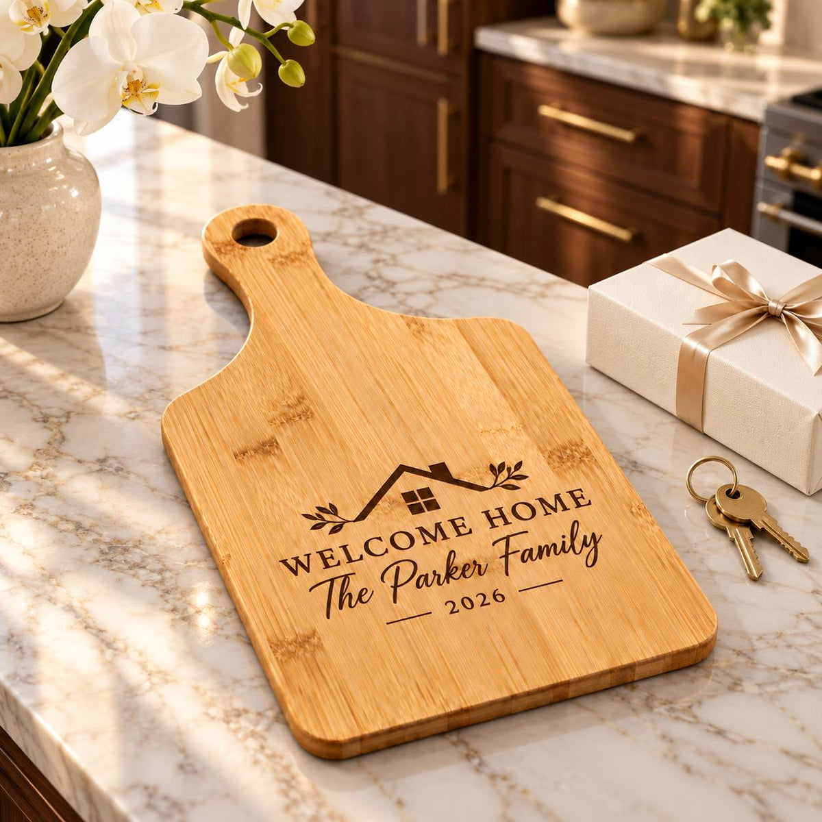 Personalized Bamboo Cutting Board – Housewarming & Realtor Closing Gift