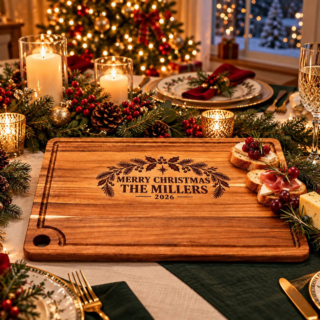 Personalized Christmas Acacia Cutting Board – Custom Family Name Gift
