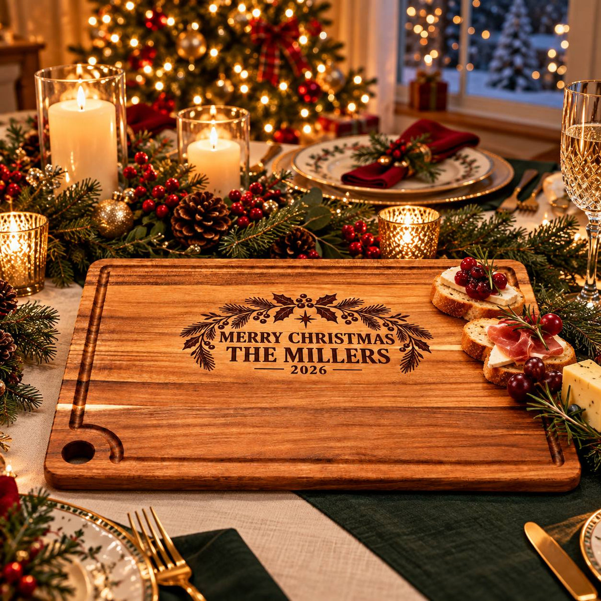 Personalized Christmas Acacia Cutting Board – Custom Family Name Gift
