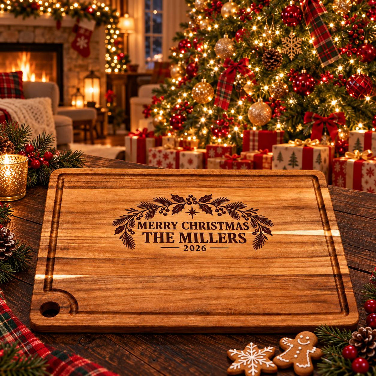 Personalized Christmas Acacia Cutting Board – Custom Family Name Gift