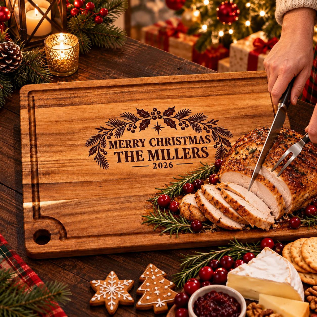 Personalized Christmas Acacia Cutting Board – Custom Family Name Gift