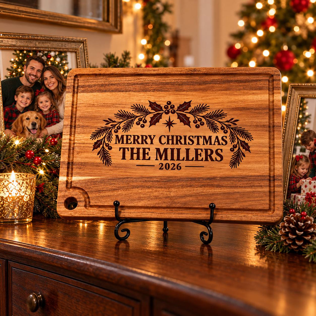 Personalized Christmas Acacia Cutting Board – Custom Family Name Gift
