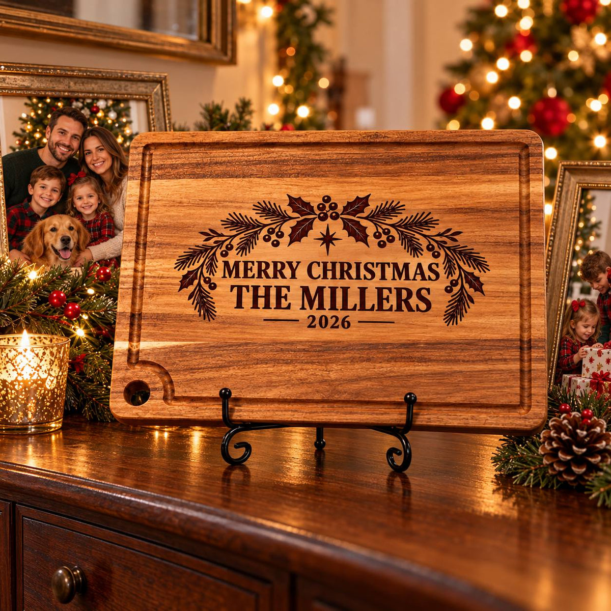 Personalized Christmas Acacia Cutting Board – Custom Family Name Gift