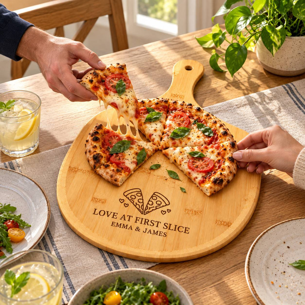 Personalized Love at First Slice Pizza Board –Custom Gift for Couples