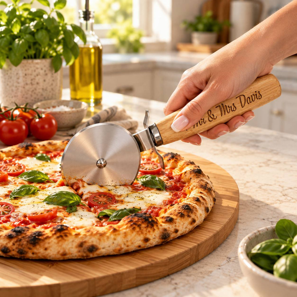 Personalized Mr & Mrs Pizza Cutter –Engraved Wedding Gift