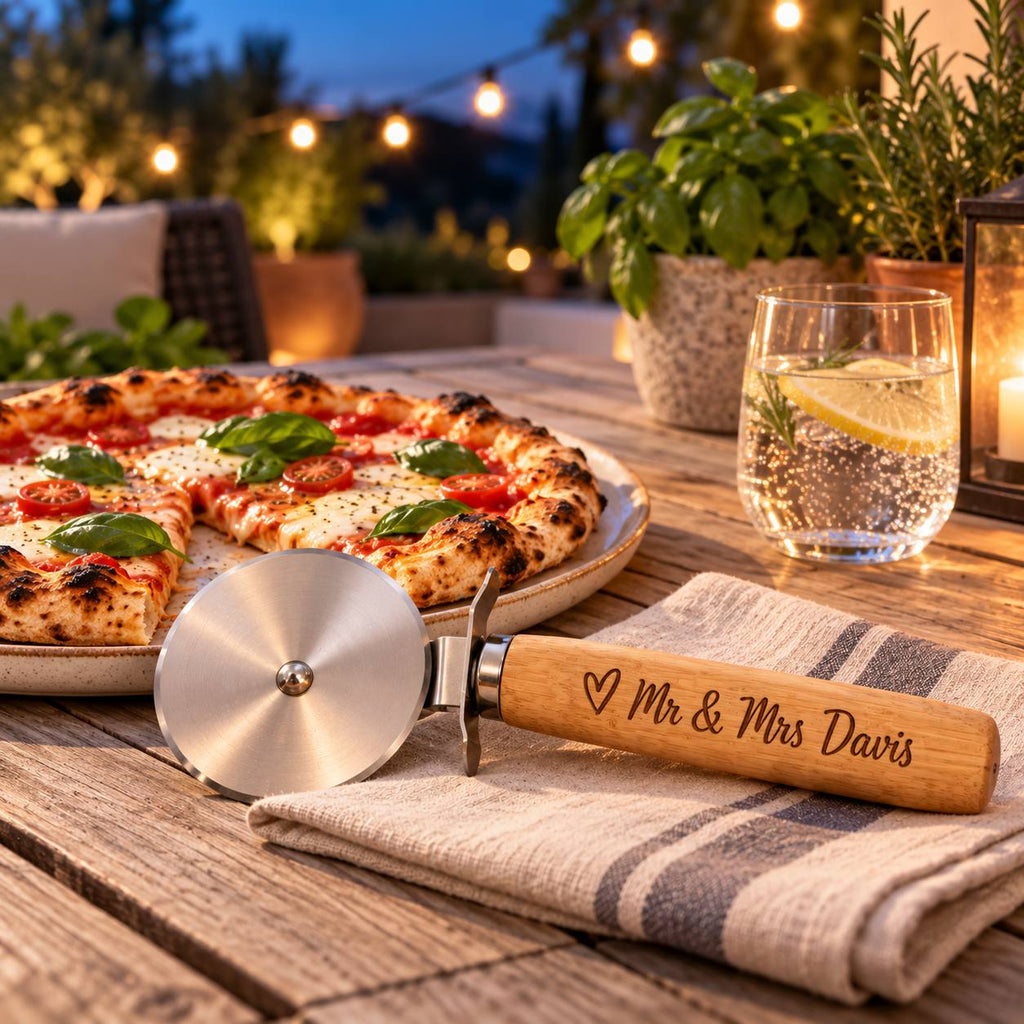 Personalized Mr & Mrs Pizza Cutter –Engraved Wedding Gift