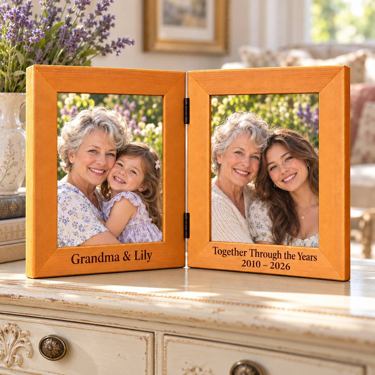 Personalized Grandma & Granddaughter Double Photo Frame – Then &Now Gift