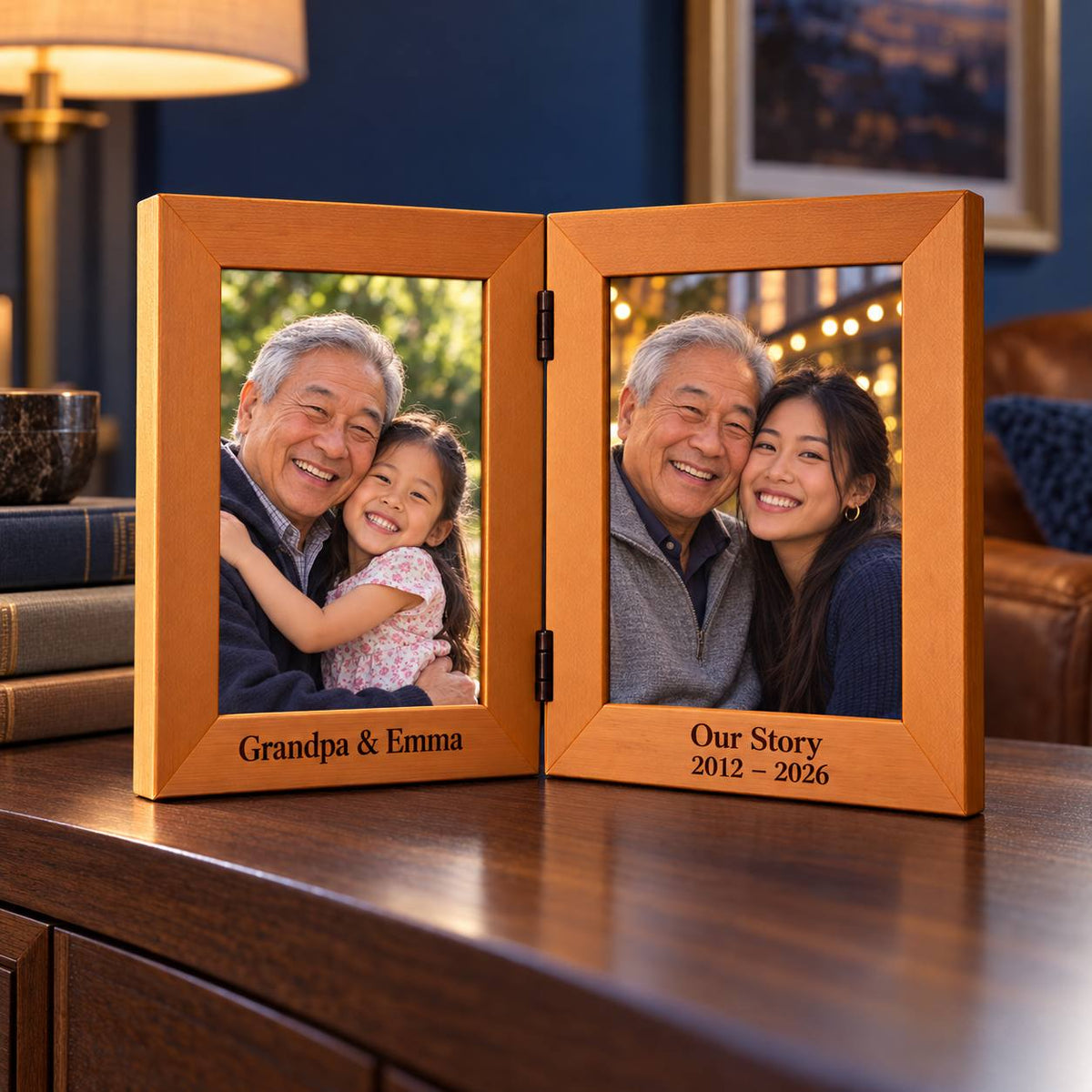 Custom Red Alder Double Photo Frame Showing Grandpa and Emma Our Story 2012 to 2026 Personalization Example