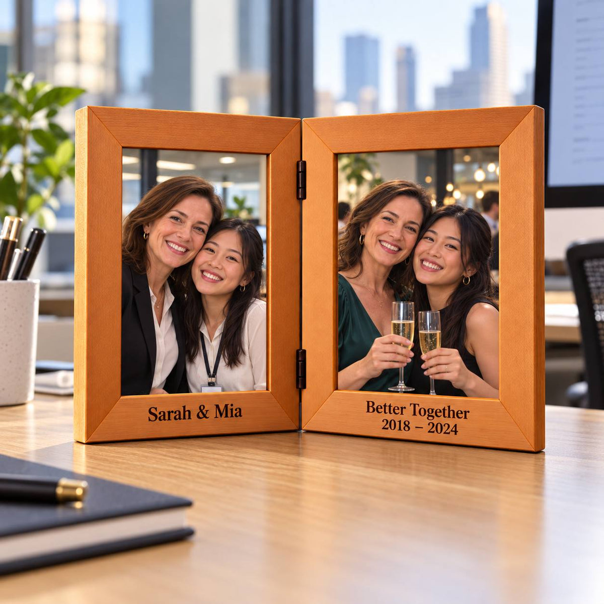Custom Hinged Red Alder Double Photo Frame with Sarah and Mia Better Together 2018 to 2024 Engraving