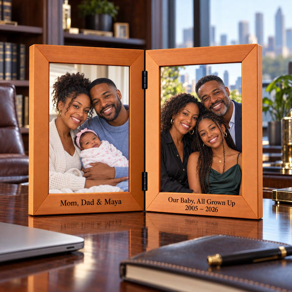 Personalized Parents & Child Double Photo Frame – Then &Now Family Gift