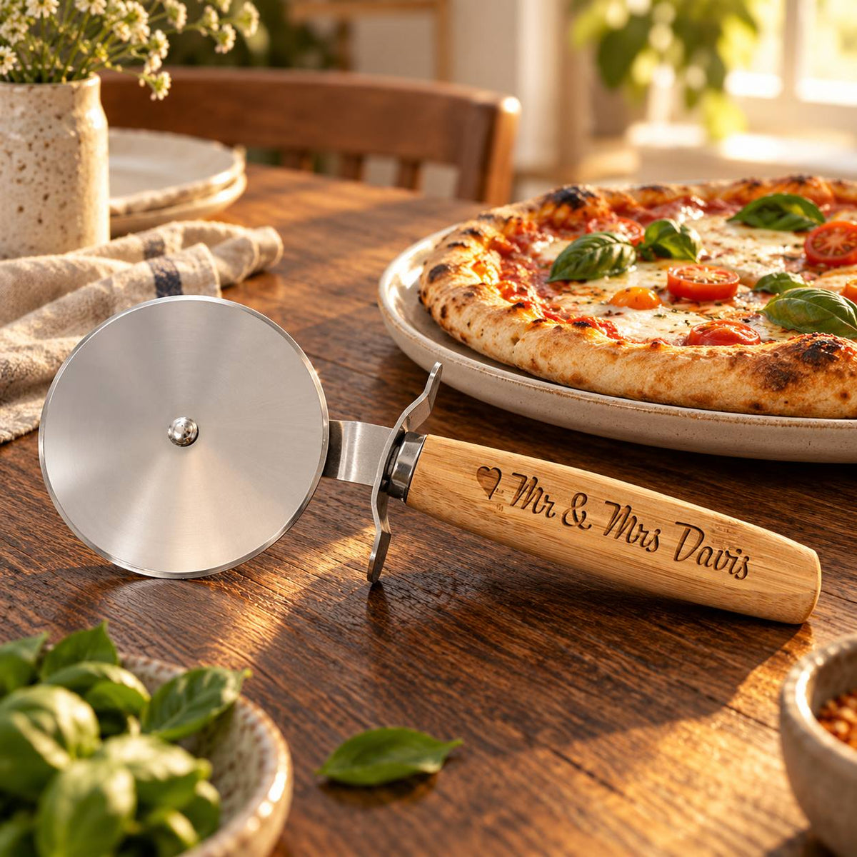 Personalized Mr & Mrs Pizza Cutter –Engraved Wedding Gift