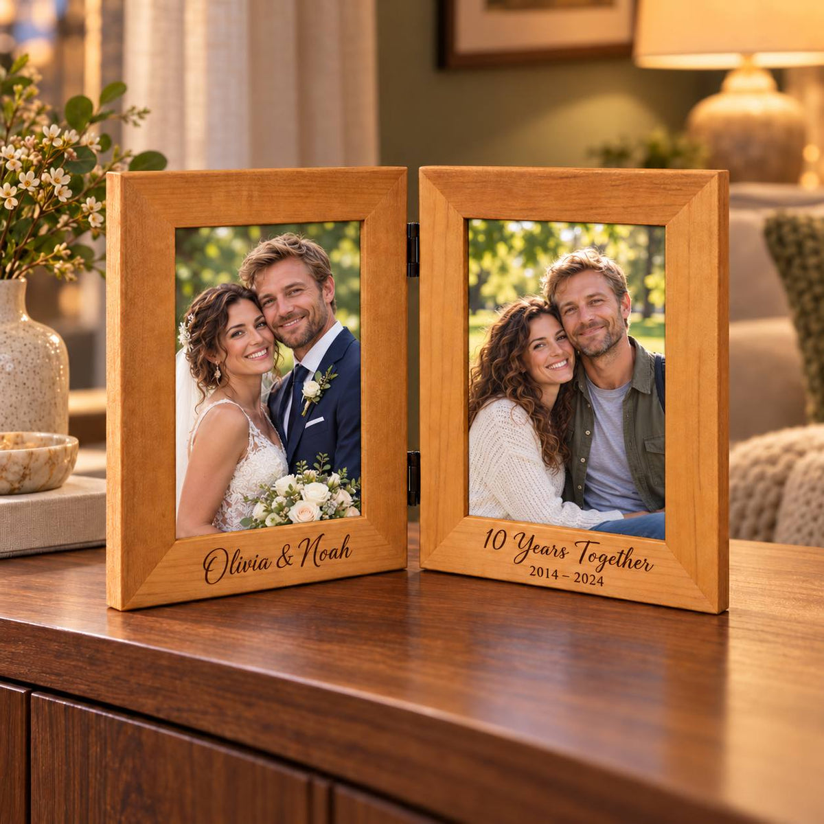 Personalized Red Alder Double Wedding Anniversary Frame with Olivia and Noah 10 Years Together 2014 to 2024