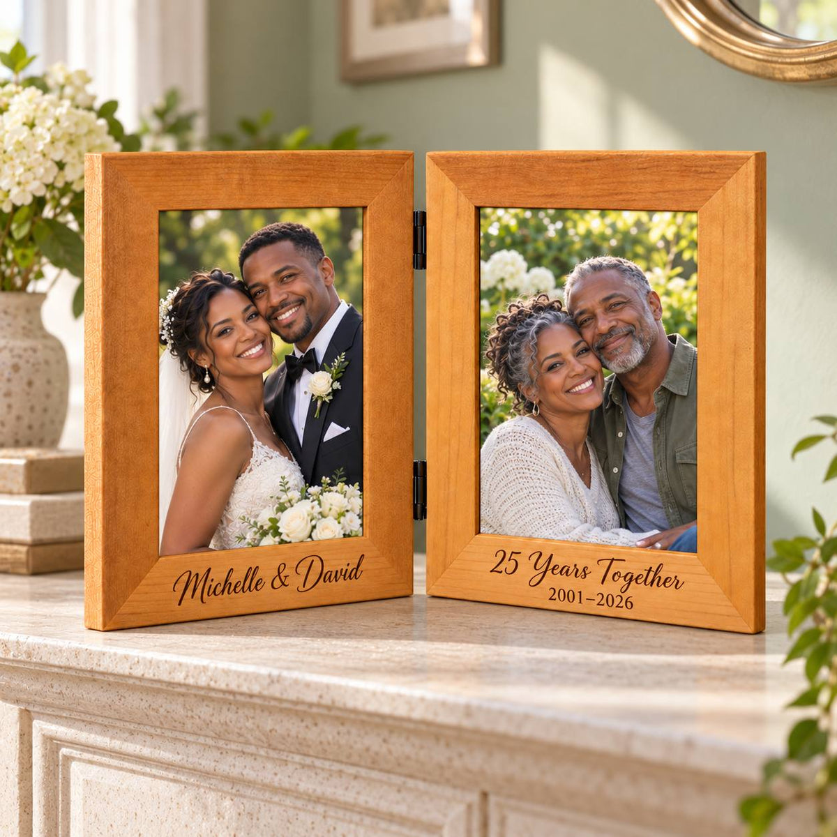 Personalized 25th Wedding Anniversary Double Photo Frame Michelle and David 2001 to 2026
