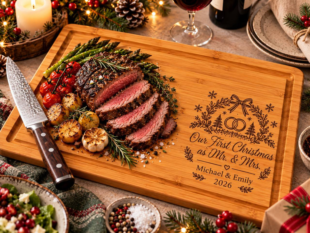 Personalized Mr and Mrs Christmas Bamboo Cutting Board with Holiday Roast, Vegetables, and Michael and Emily Engraving