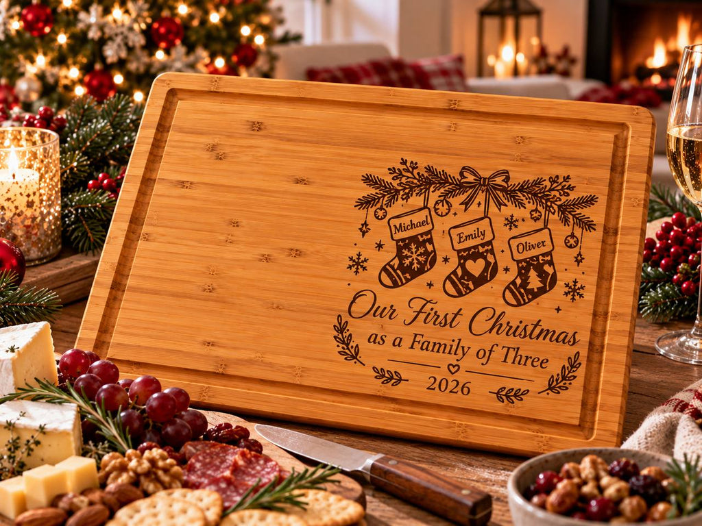 Personalized First Christmas as a Family of Three Cutting Board – Custom New Parents Christmas Gift