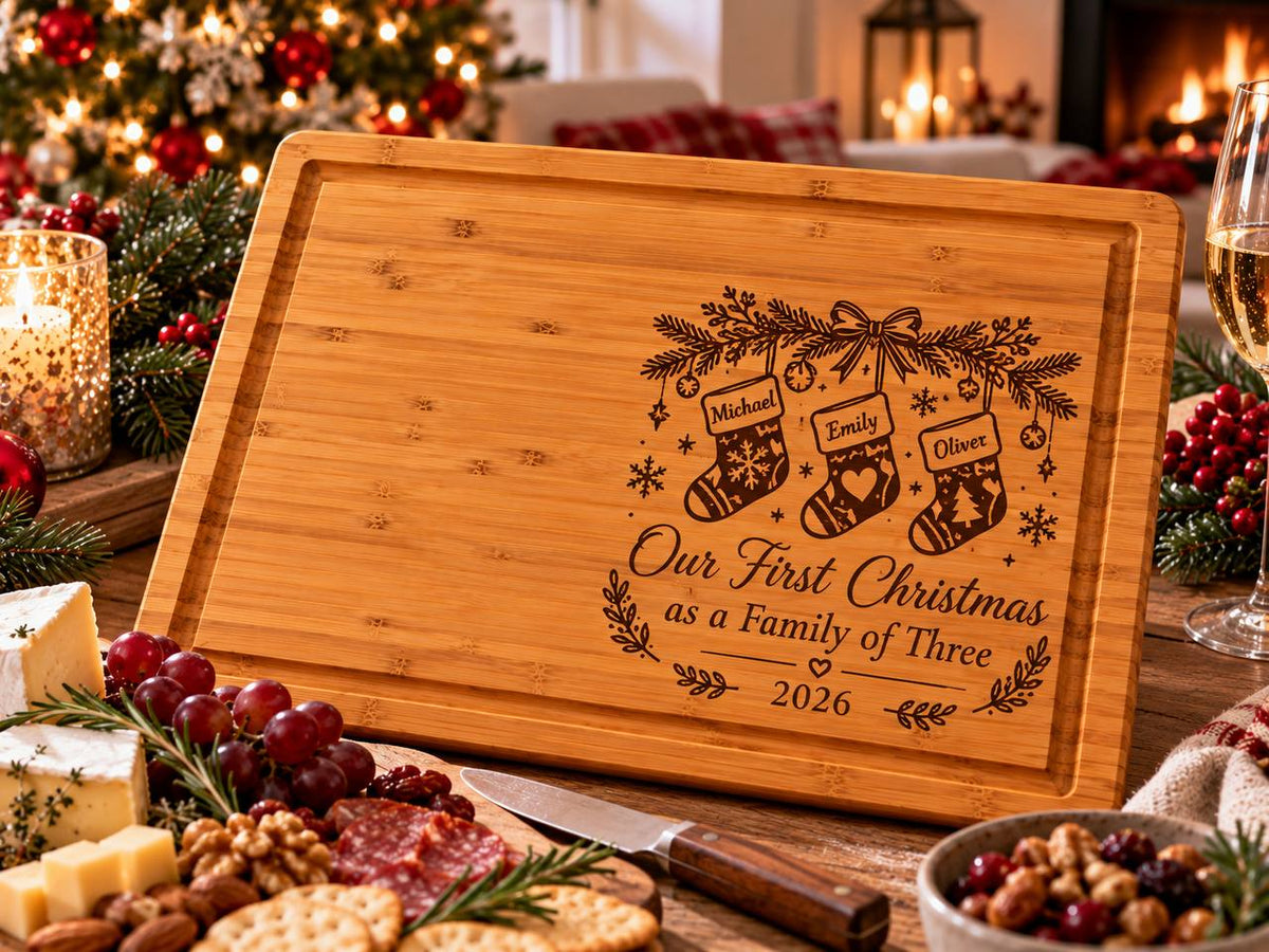Personalized First Christmas as a Family of Three Cutting Board – Custom New Parents Christmas Gift