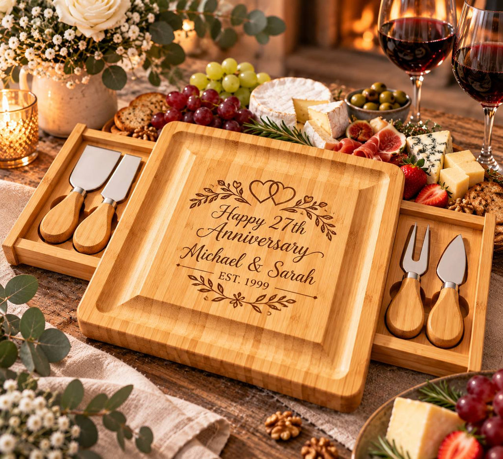 Personalized 27th Wedding Anniversary Cheese Board Set – Custom Engraved Anniversary Gift for Couples