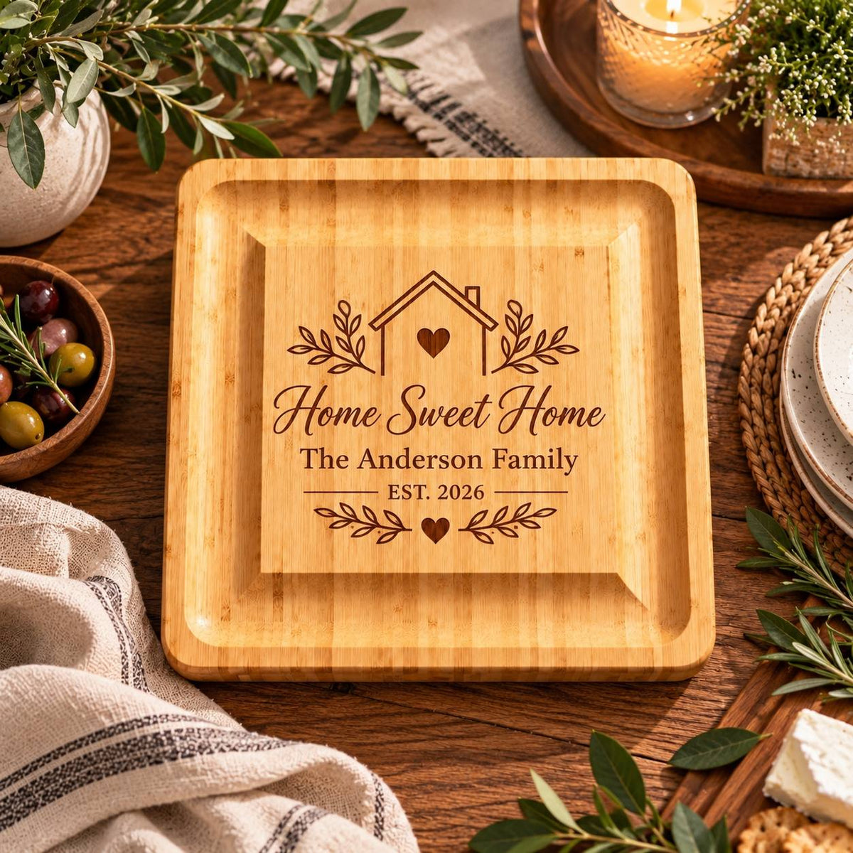 Personalized Housewarming Cheese Board Set – Custom Engraved New Home Gift for Family