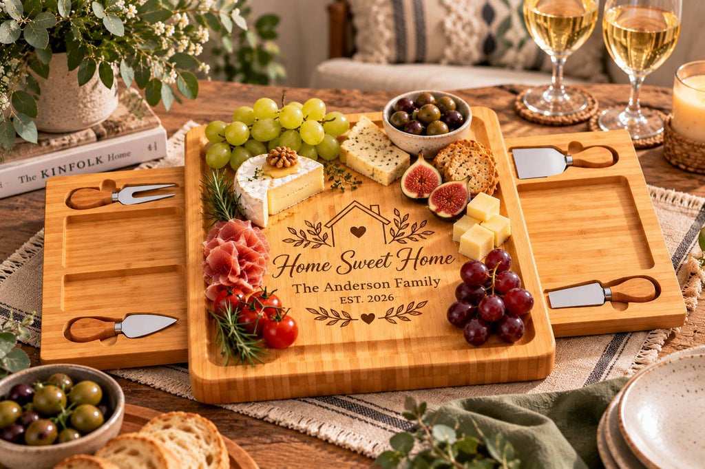 Personalized Housewarming Cheese Board Set – Custom Engraved New Home Gift for Family
