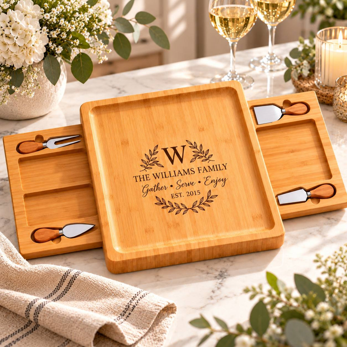 Personalized Family Cheese Board Set – Custom Engraved Bamboo Charcuterie Board Gift