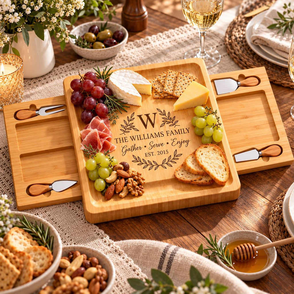 Personalized Family Cheese Board Set – Custom Engraved Bamboo Charcuterie Board Gift