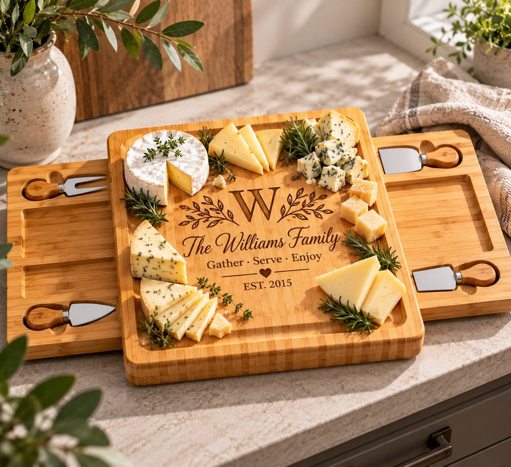 Personalized Family Cheese Board Set – Custom Engraved Bamboo Charcuterie Board Gift