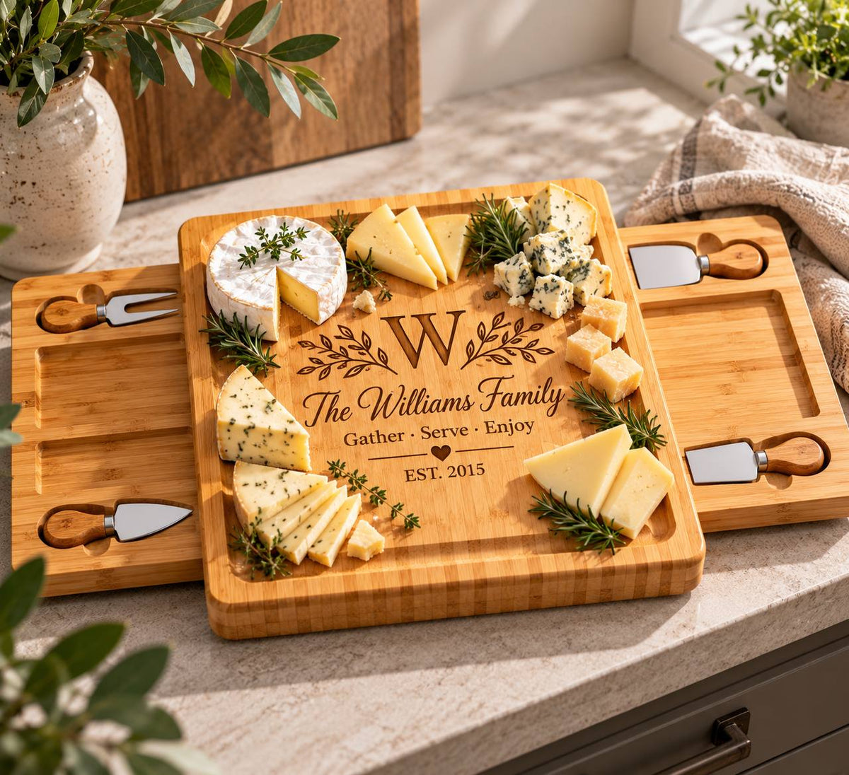 Personalized Family Cheese Board Set – Custom Engraved Bamboo Charcuterie Board Gift