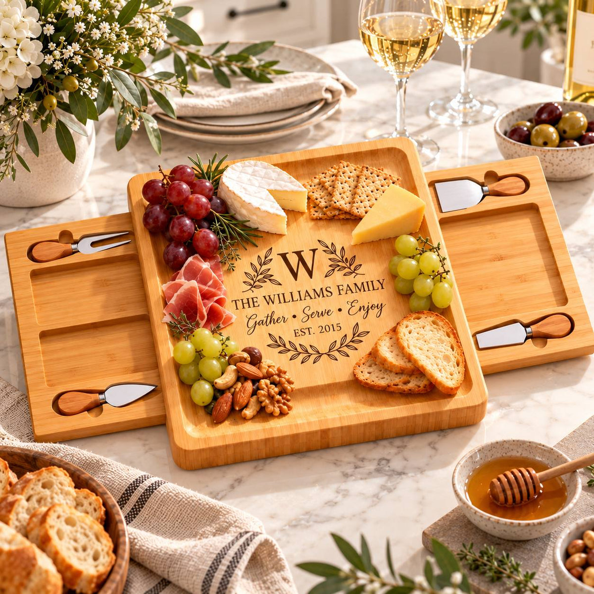 Personalized Family Cheese Board Set – Custom Engraved Bamboo Charcuterie Board Gift
