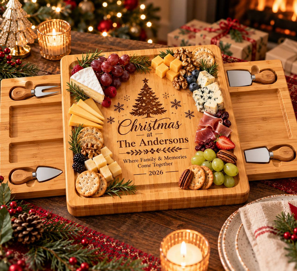 Personalized Christmas Family Cheese Board Set – Custom Engraved Christmas Gift for Family