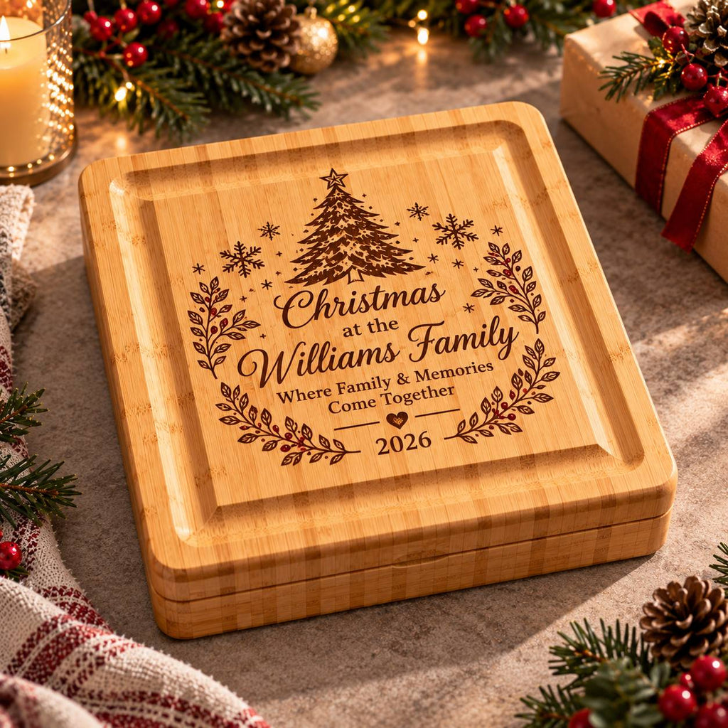 Personalized Christmas Family Cheese Board Set – Custom Engraved Christmas Gift for Family