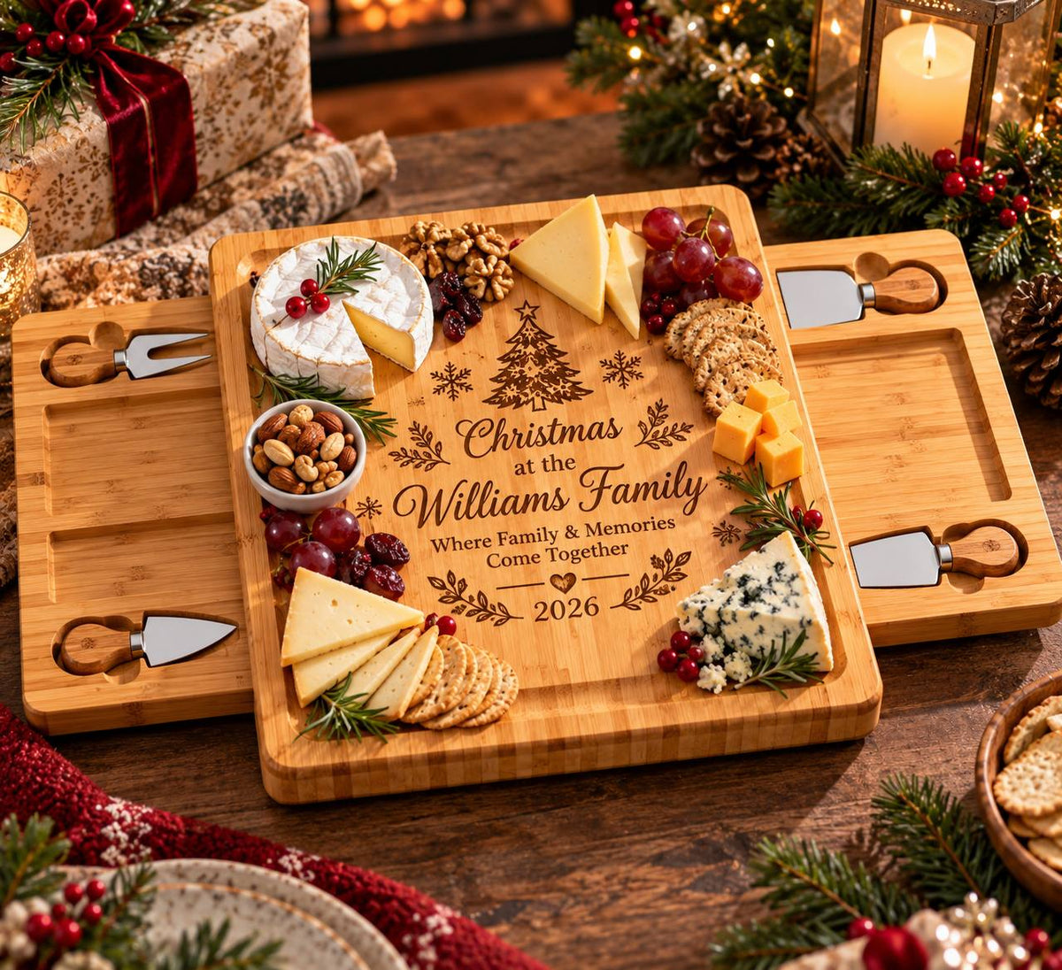 Personalized Christmas Family Cheese Board Set – Custom Engraved Christmas Gift for Family