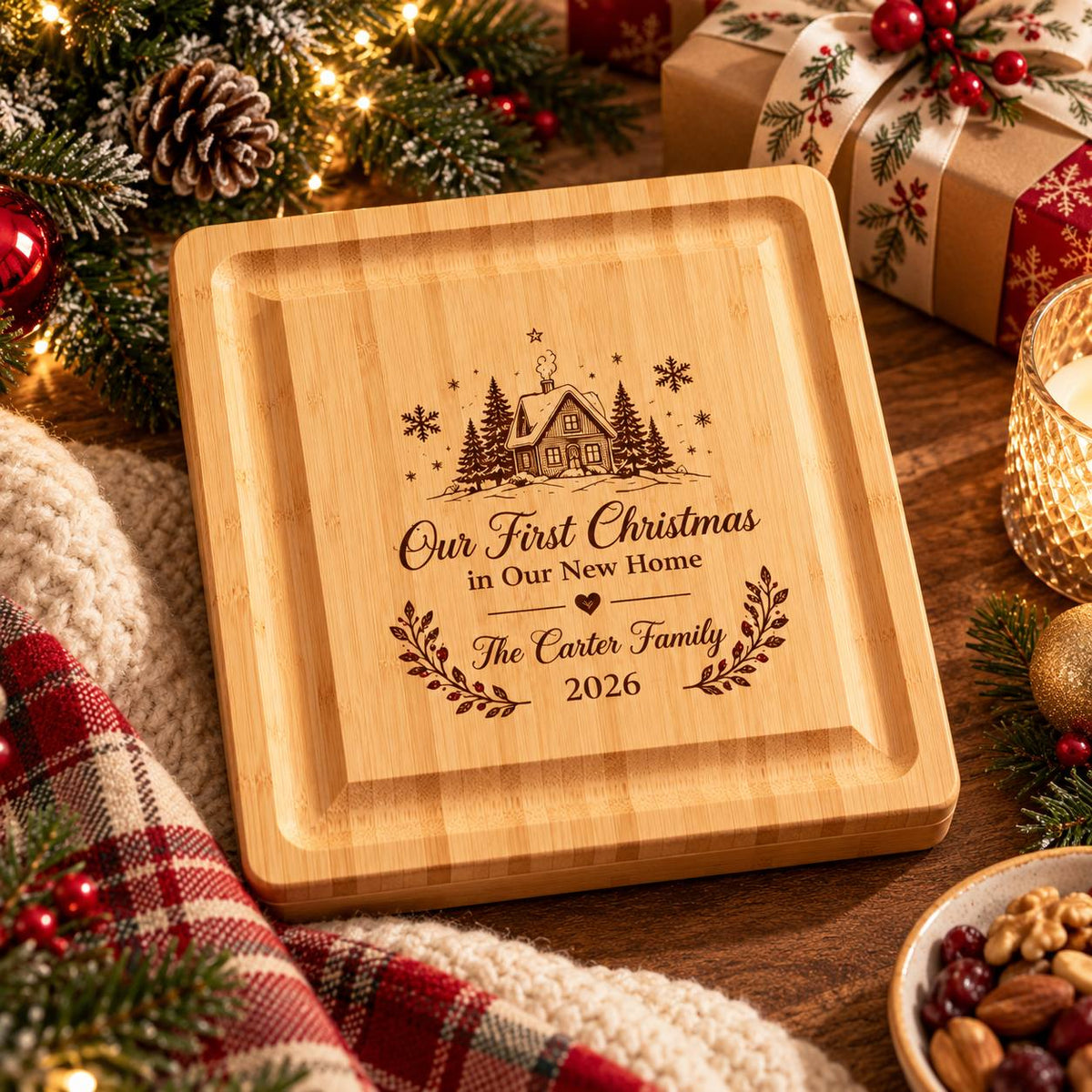 Personalized First Christmas in Our New Home Cheese Board Set – Custom Housewarming Christmas Gift