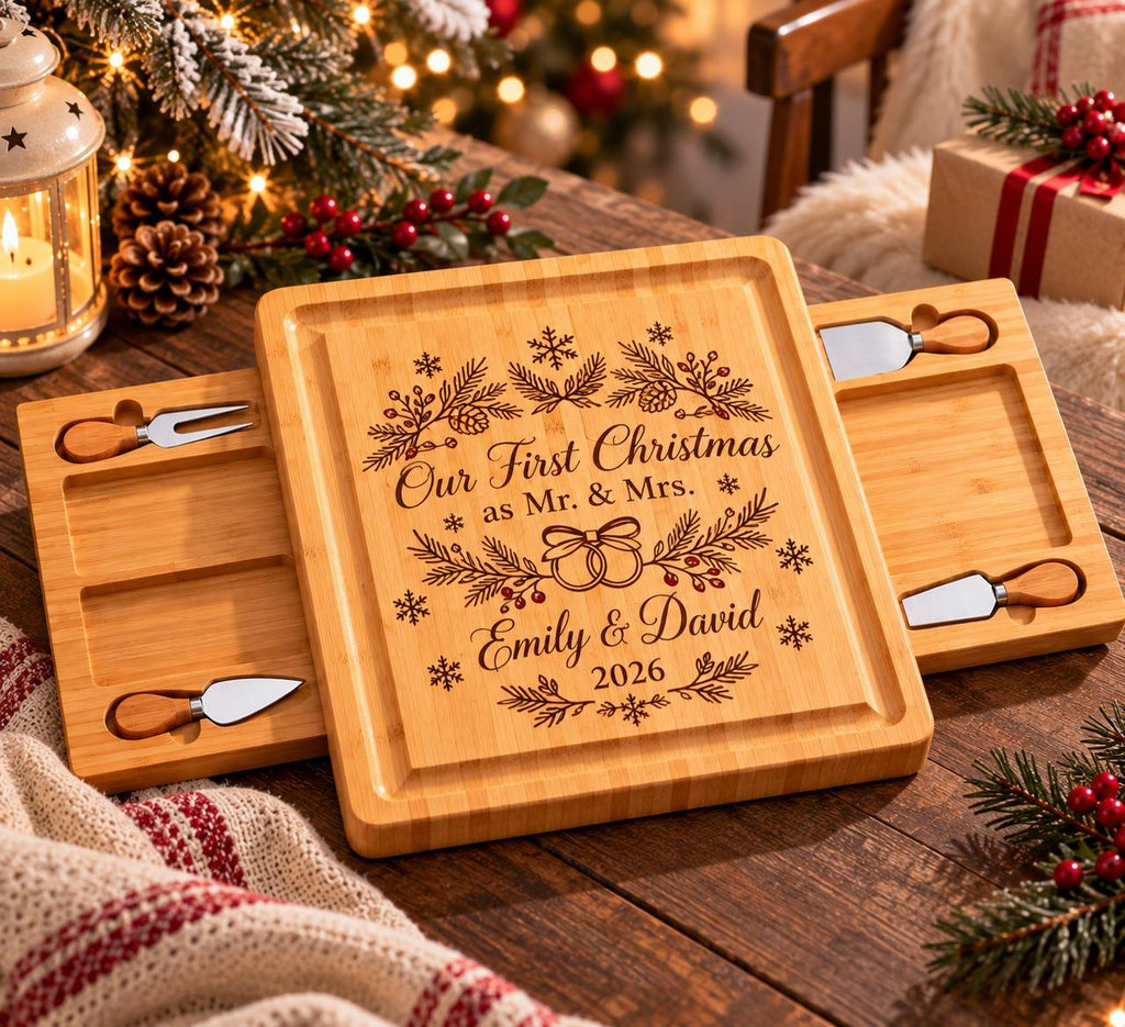 Personalized First Christmas as Mr. & Mrs. Cheese Board Set – Custom Newlywed Christmas Gift