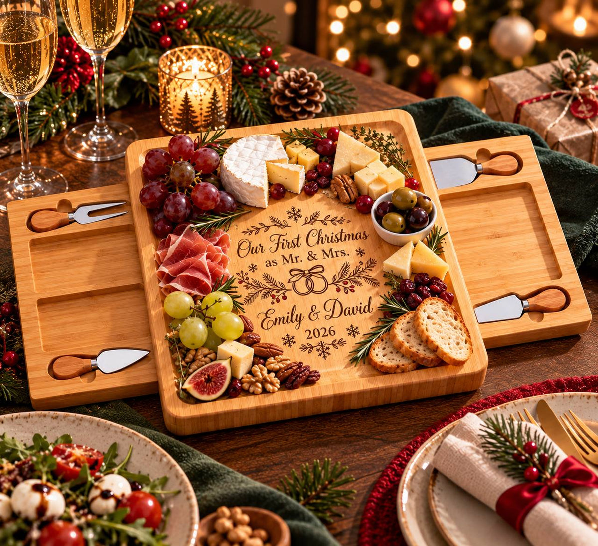 Personalized First Christmas as Mr. & Mrs. Cheese Board Set – Custom Newlywed Christmas Gift