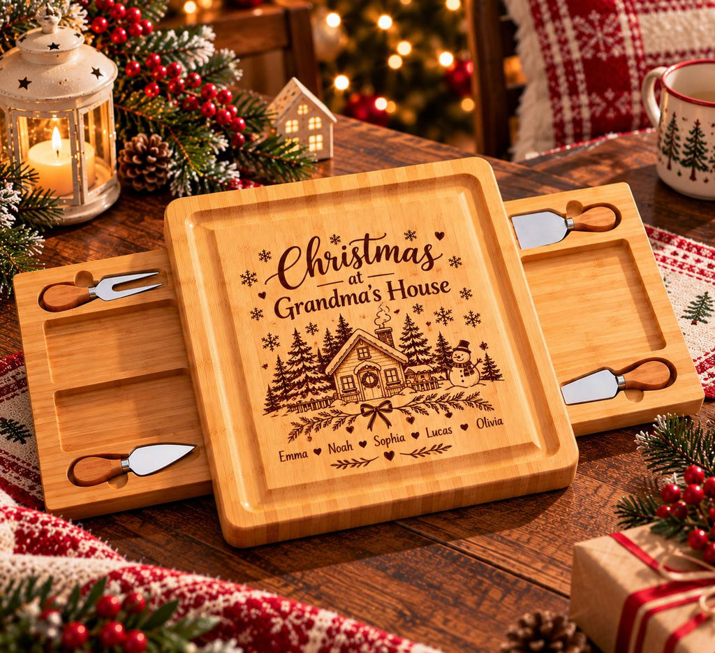 Personalized Christmas Slate Cheese Board Set – Custom Engraved Family Christmas Gift