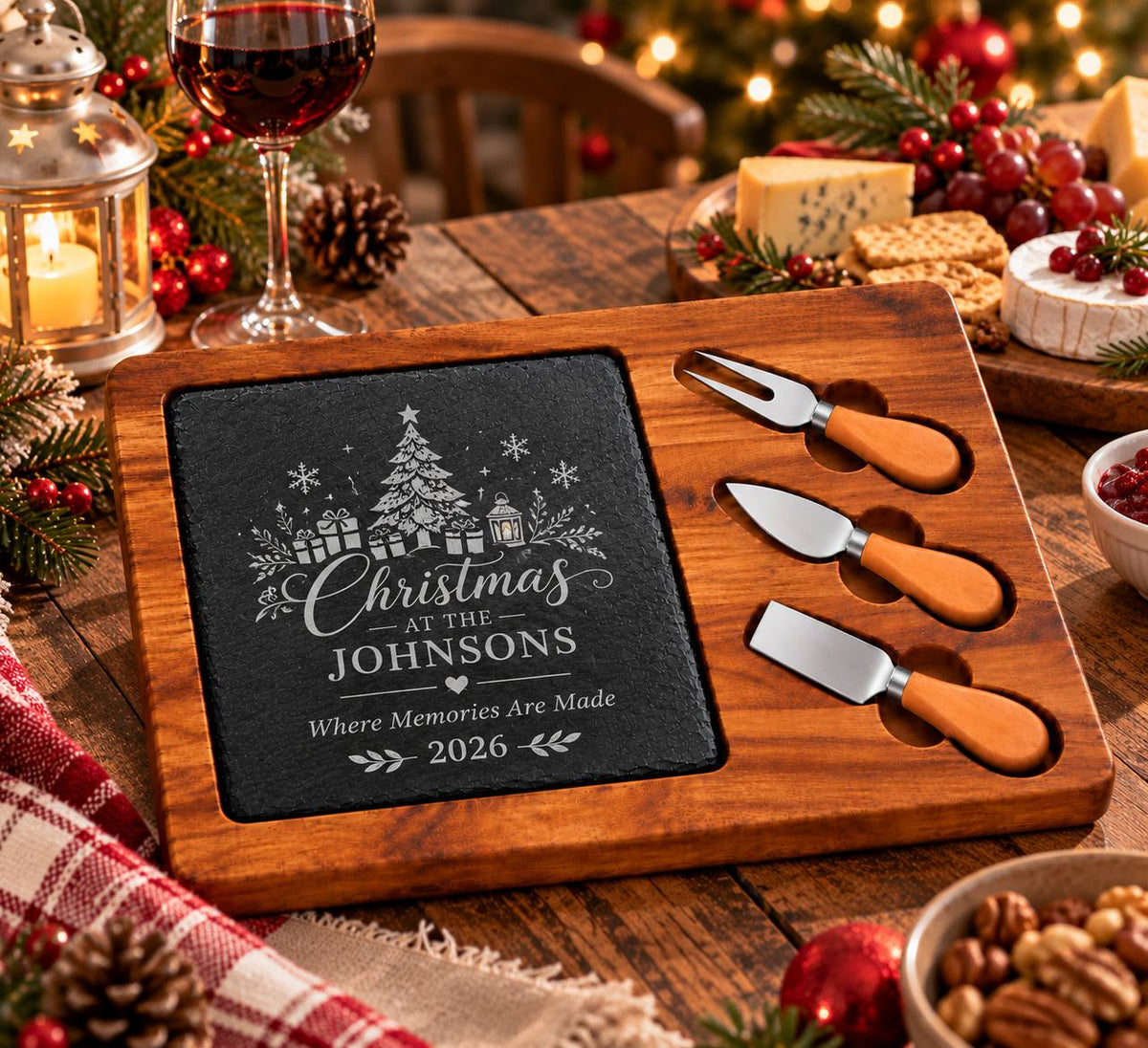 Personalized Christmas Slate Cheese Board Christmas at the Johnsons 2026 with Three Cheese Tools
