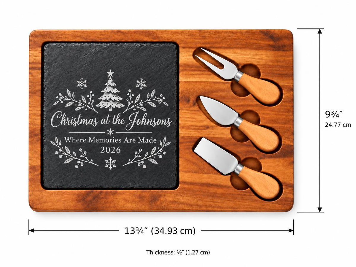 Personalized Wooden Slate Cheese Board Dimensions 13.75 by 9.75 by 0.5 Inches with Three Cheese Tools