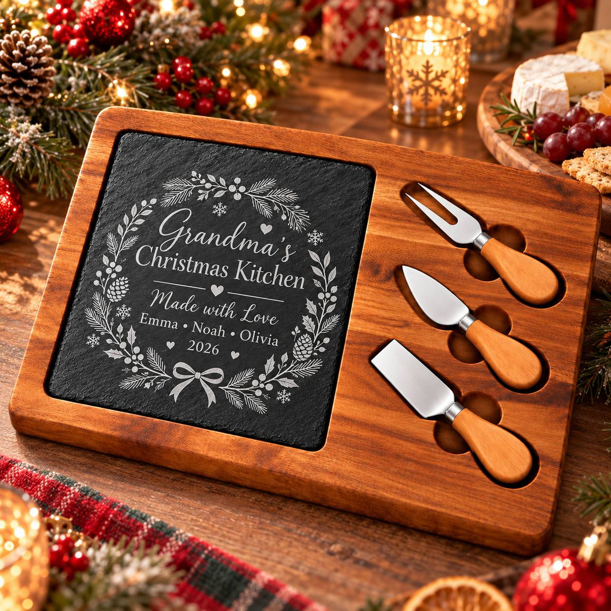 Personalized Grandma’s Christmas Kitchen Slate Cheese Board Set – Custom Christmas Gift from Grandkids