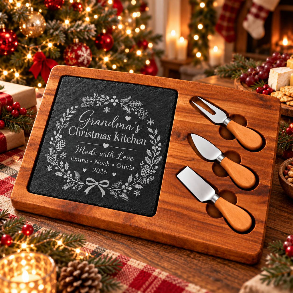 Personalized Grandma’s Christmas Kitchen Slate Cheese Board Set – Custom Christmas Gift from Grandkids