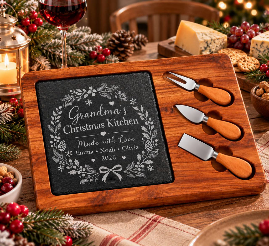 Personalized Grandma’s Christmas Kitchen Slate Cheese Board Set – Custom Christmas Gift from Grandkids
