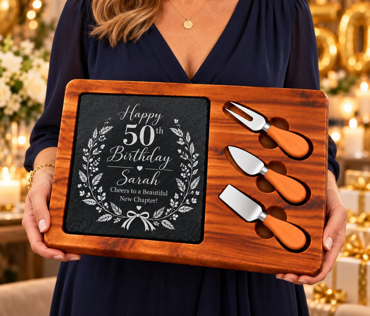 Personalized 50th Birthday Slate Cheese Board Set – Custom Engraved Milestone Birthday Gift for Her