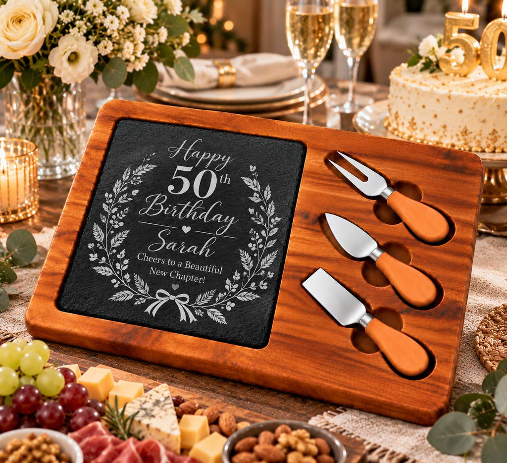 Personalized 50th Birthday Slate Cheese Board Set – Custom Engraved Milestone Birthday Gift for Her