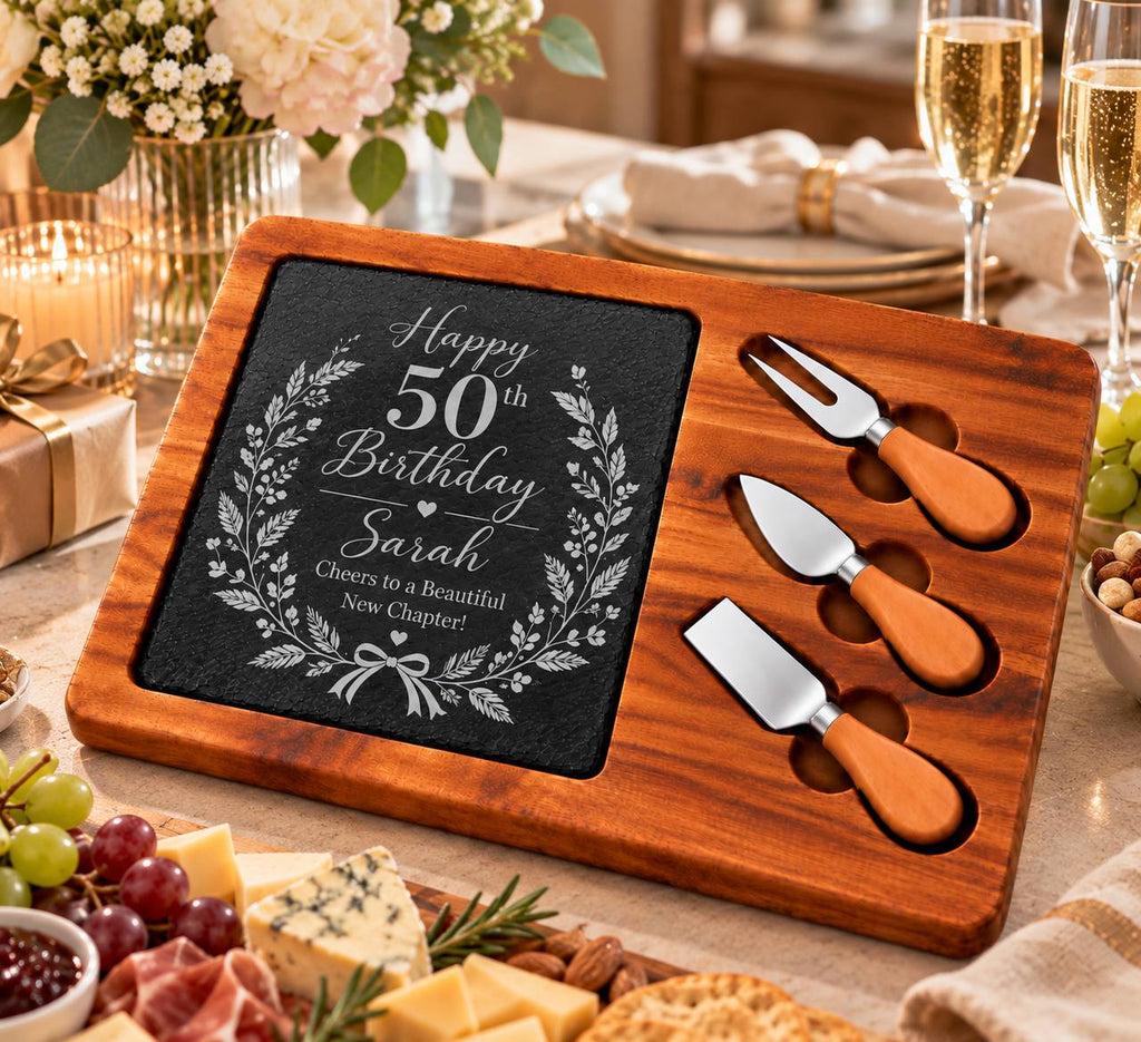 Personalized 50th Birthday Slate Cheese Board Set – Custom Engraved Milestone Birthday Gift for Her