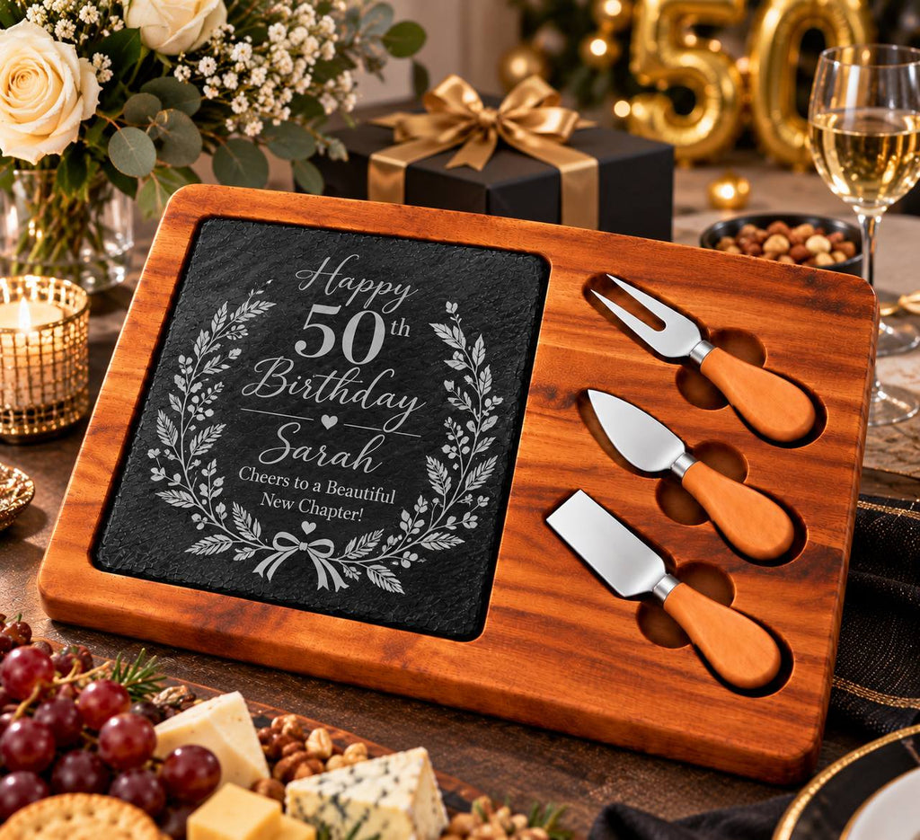 Personalized 50th Birthday Slate Cheese Board Set – Custom Engraved Milestone Birthday Gift for Her