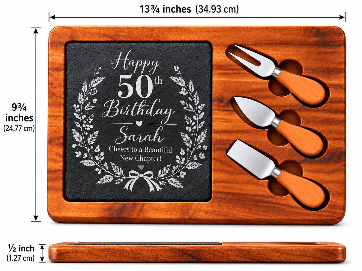 Personalized 50th Birthday Slate Cheese Board Set – Custom Engraved Milestone Birthday Gift for Her