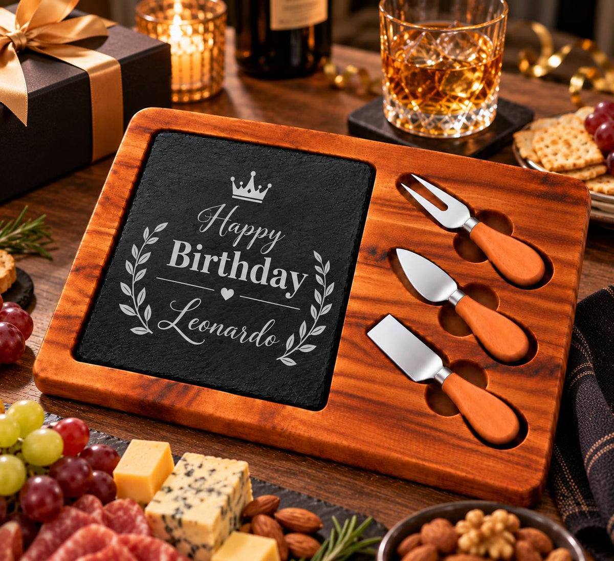 Personalized Birthday Slate Cheese Board Set – Custom Engraved Birthday Gift for Him