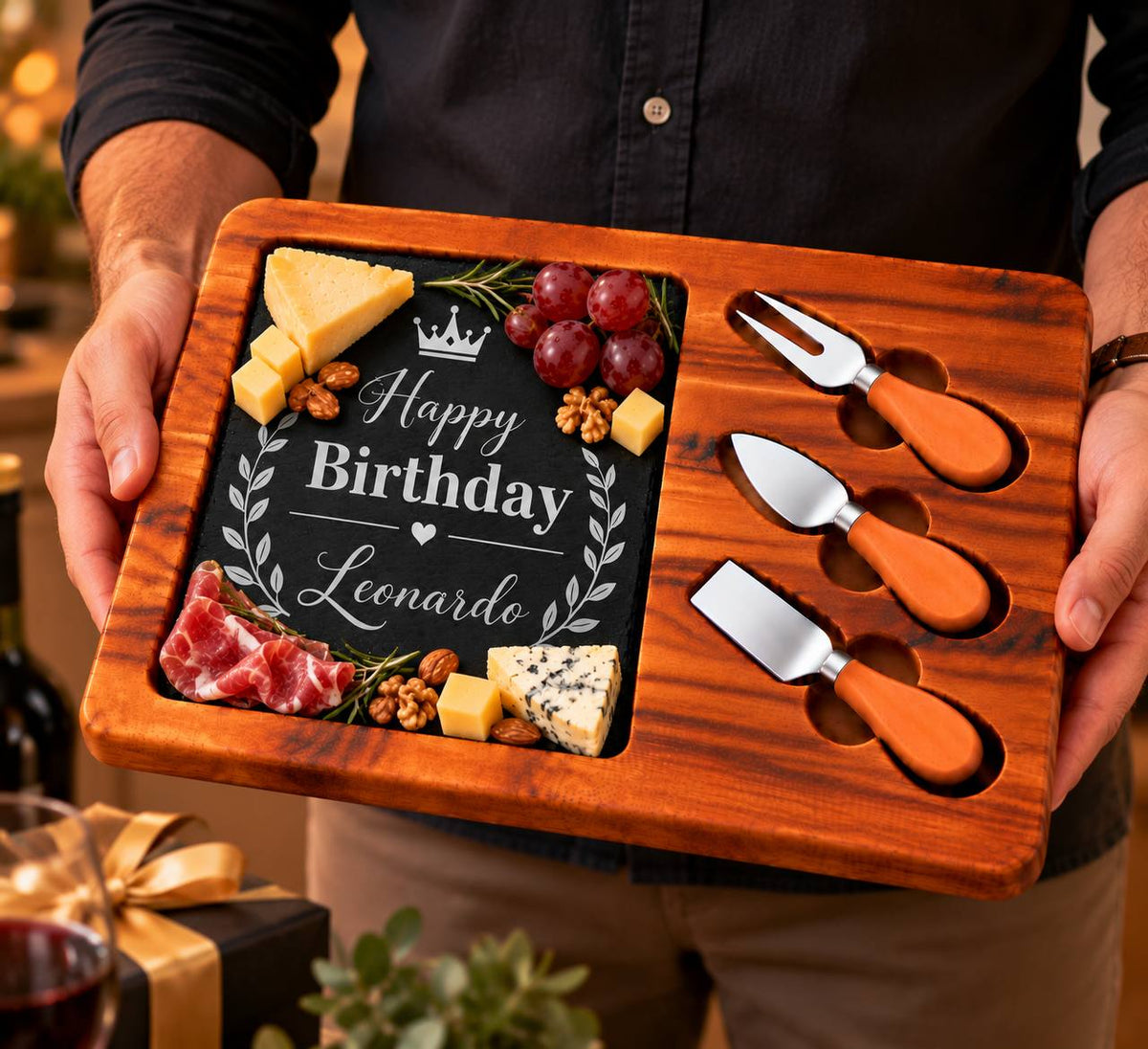 Personalized Birthday Slate Cheese Board Set – Custom Engraved Birthday Gift for Him