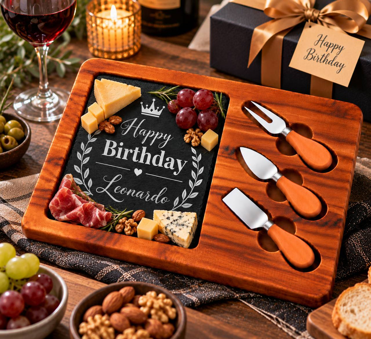 Personalized Birthday Slate Cheese Board Set – Custom Engraved Birthday Gift for Him