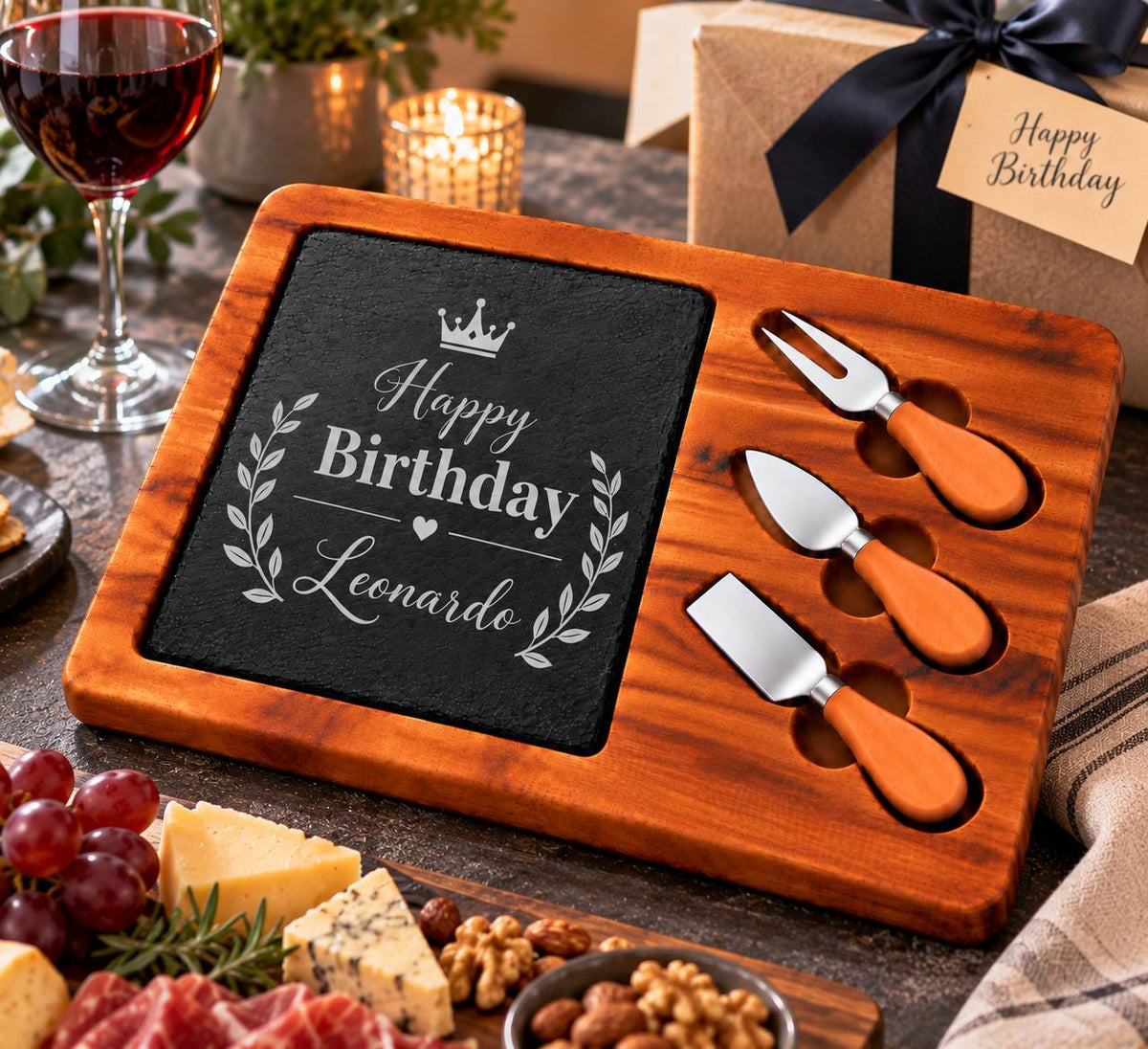 Personalized Birthday Slate Cheese Board Set – Custom Engraved Birthday Gift for Him